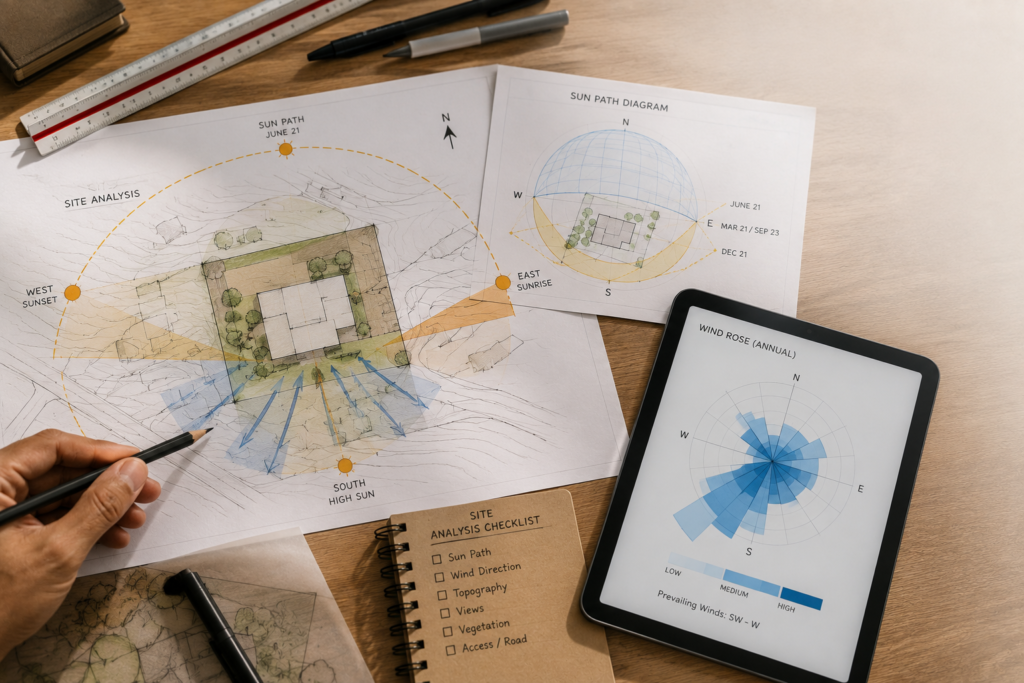  Flat-lay of site plan, sun path diagram, and wind chart used to determine building orientation