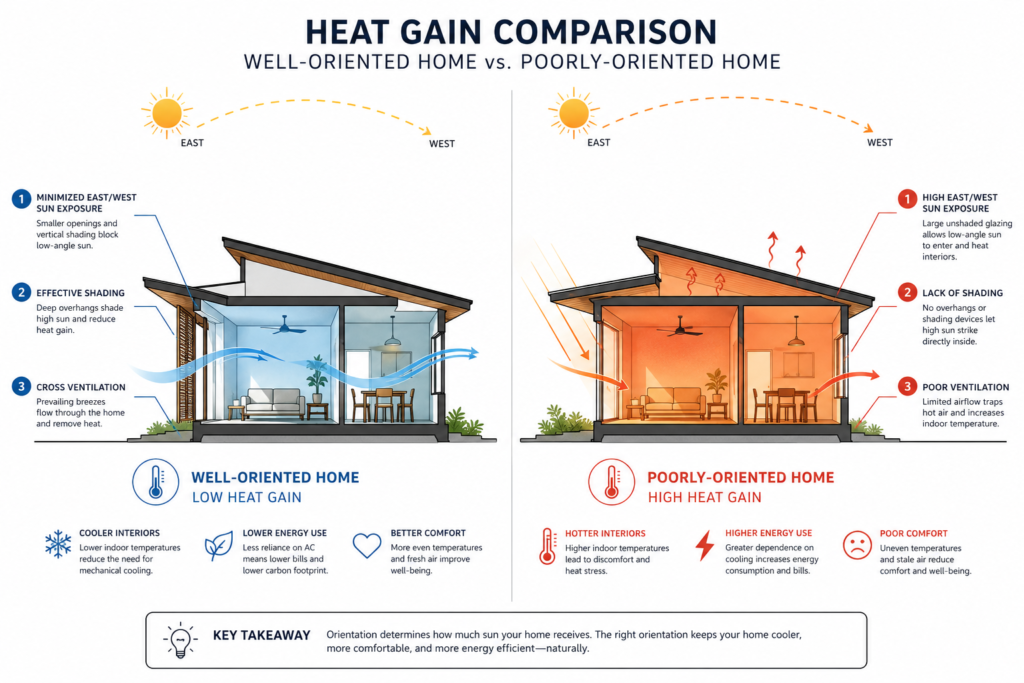 Infographic comparing indoor heat gain between a well-oriented and poorly oriented house