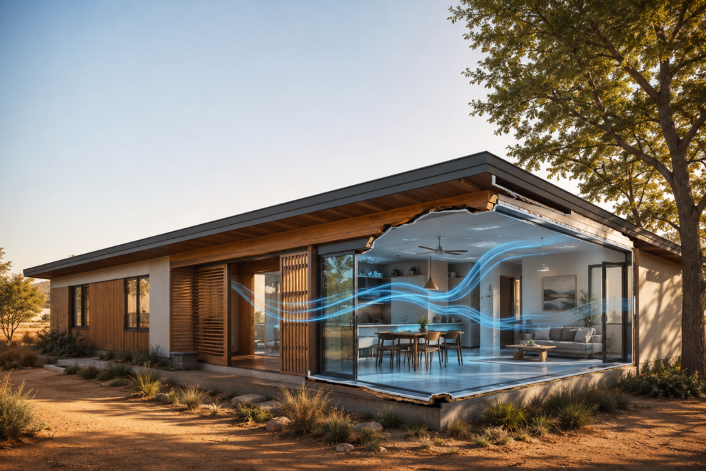 Cutaway illustration of a modern house showing cool interior airflow against a warm exterior at golden hour