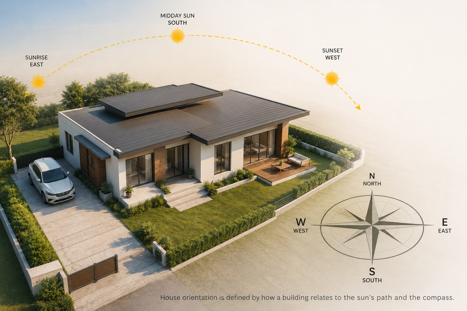 utaway illustration of a modern house showing cool interior airflow against a warm exterior at golden hour