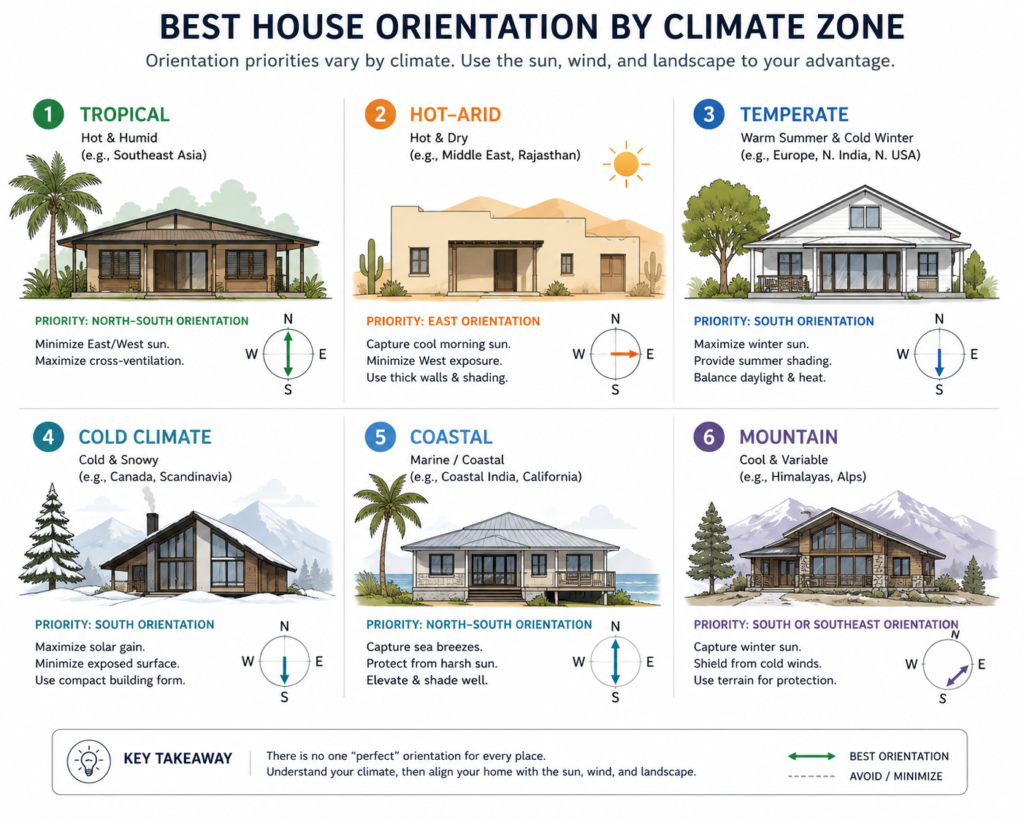  Infographic grid comparing house orientation priorities across six climate zones
