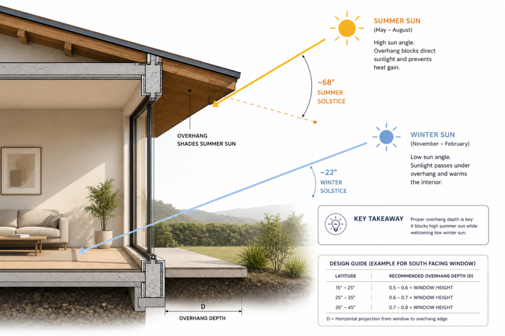  A correctly sized overhang blocks high summer sun while still admitting lower winter sun.