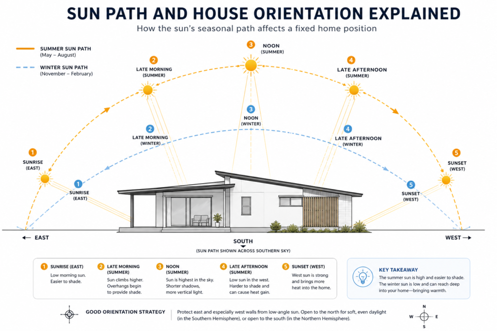  Diagram showing summer and winter sun path arcs relative to a house for orientation planning