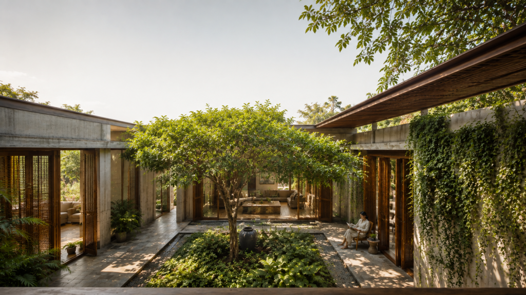 Contemporary tropical home with a shaded, planted central courtyard viewed from above