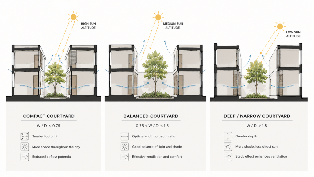 Comparison of compact, balanced and deep courtyard proportions in section view