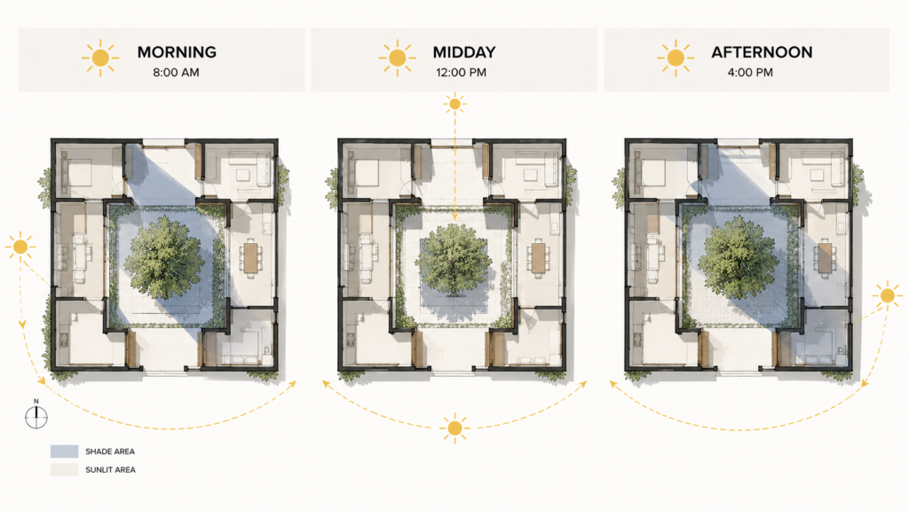 Plan diagram showing courtyard sun and shade patterns at morning, midday and afternoon