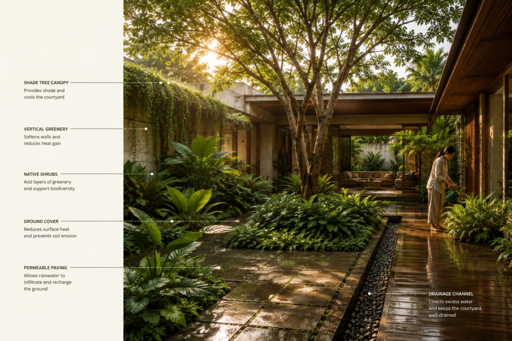 Lush planted tropical courtyard with permeable paving and shaded seating area