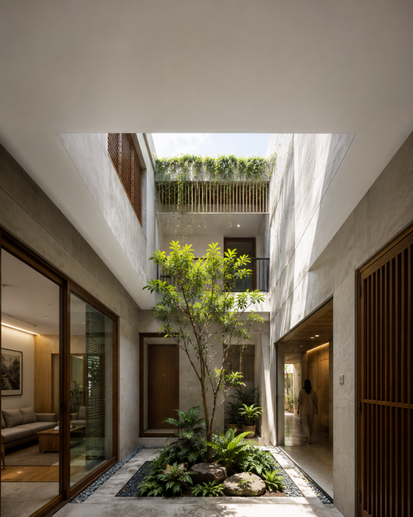 Compact vertical light-well courtyard inside a narrow urban tropical home
