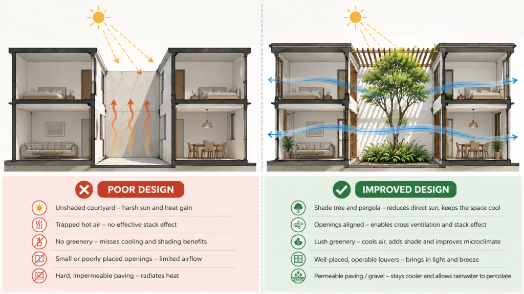 Side-by-side comparison of a poorly designed and well-designed tropical courtyard
