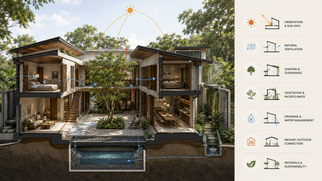 Architectural cutaway illustration of a tropical home showing courtyard, ventilation and shading strategy
