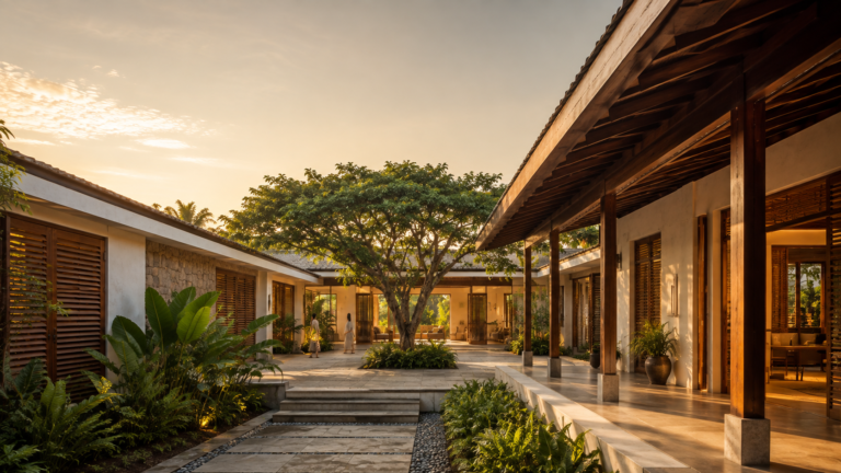Golden-hour view of a contemporary tropical courtyard home with timber screens and a central tree