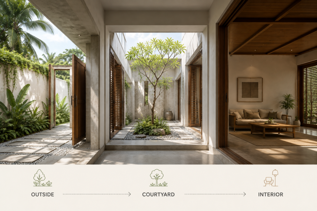 Axial view through a tropical home showing the sequence from exterior to courtyard to interior