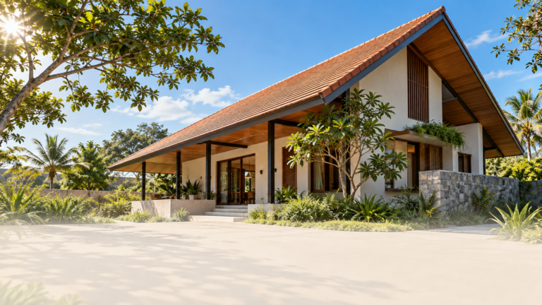Contemporary hot-climate home with a pitched terracotta roof and deep overhangs providing shade to the walls and outdoor living areas.