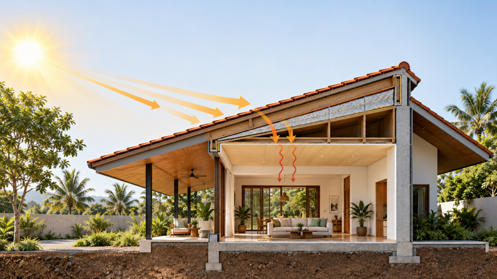 Architectural cross-section showing solar heat moving from the sun through the roof surface and assembly toward the ceiling and interior.