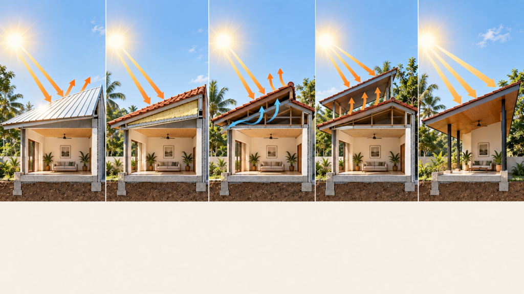 Five architectural roof sections comparing reflective, insulated, ventilated, double-roof, and shaded roof strategies for hot climates.
