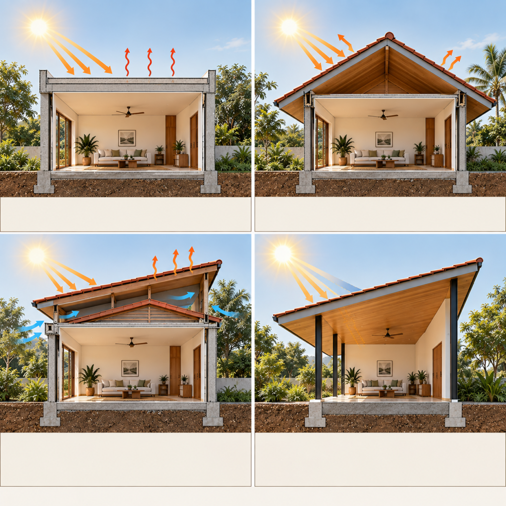 Four architectural sections comparing flat, pitched, double, and deeply shaded roof forms for a hot-climate home.