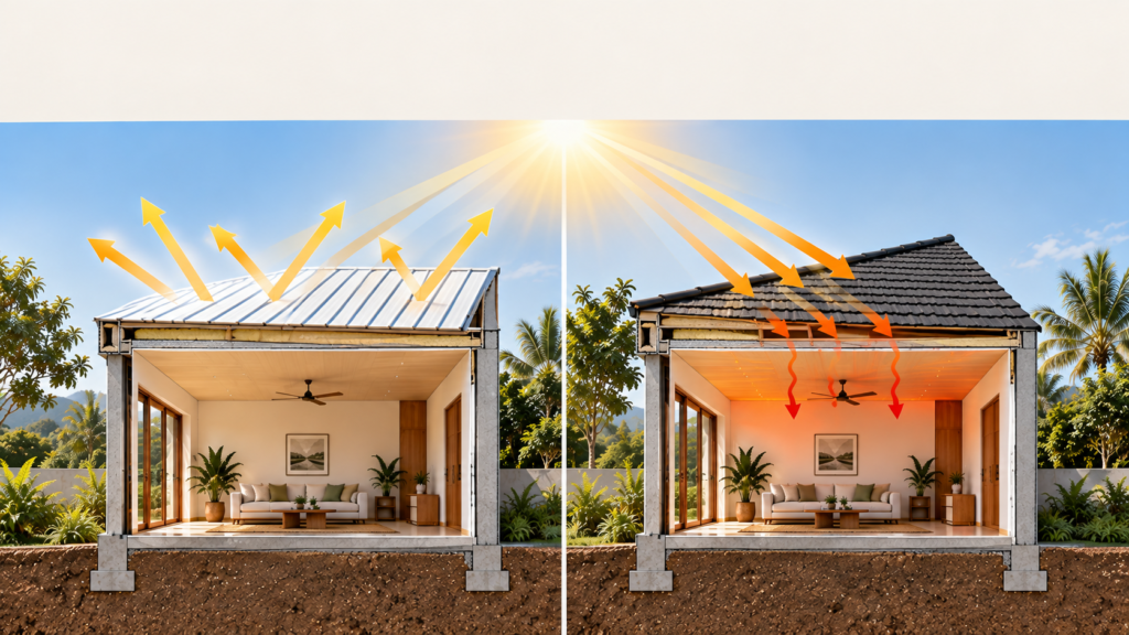Split architectural section comparing a reflective light-colored roof that rejects solar radiation with a dark roof that absorbs and transfers heat indoors.