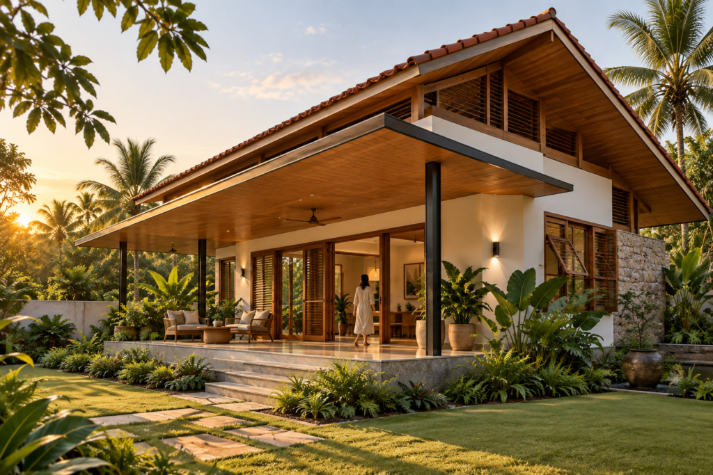 Contemporary tropical home with a large pitched roof, deep overhangs, shaded walls, operable windows, and lush landscaping.