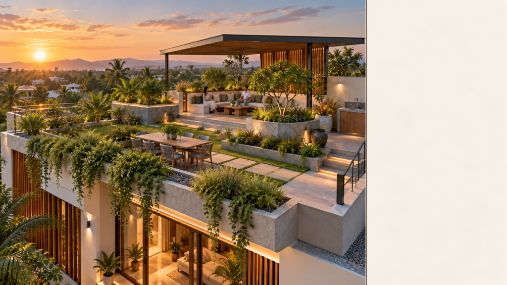 Residential rooftop garden with planted beds, defined walking paths, seating areas, irrigation features, and climate-appropriate vegetation.