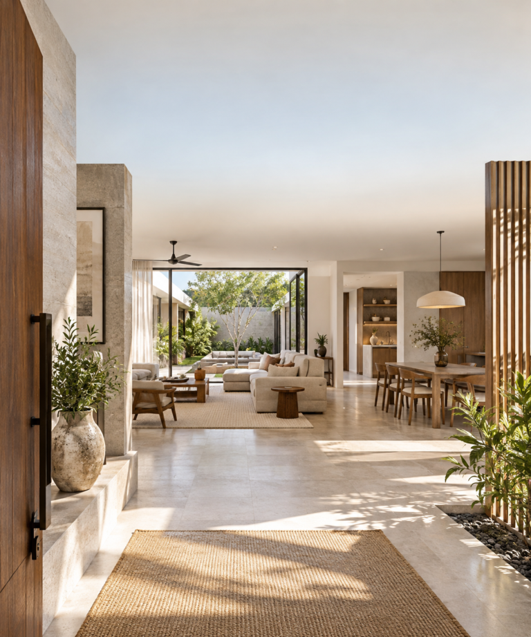 Contemporary home interior showing the connected sequence from entry through foyer, living, dining and courtyard