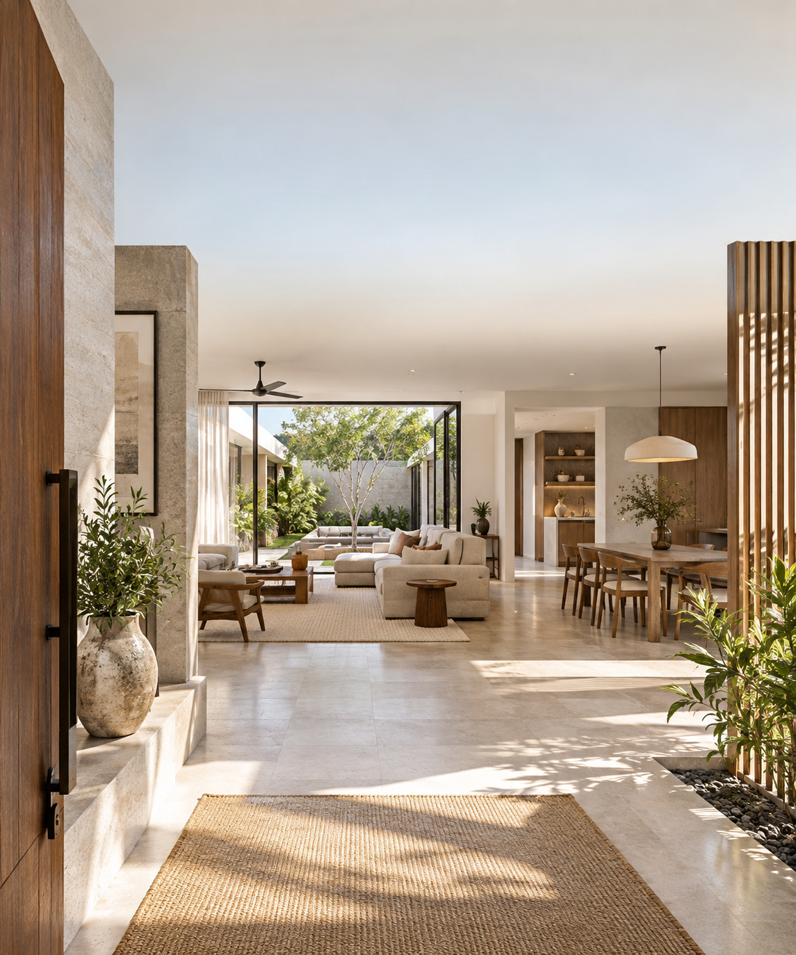 Contemporary home interior showing the connected sequence from entry through foyer, living, dining and courtyard