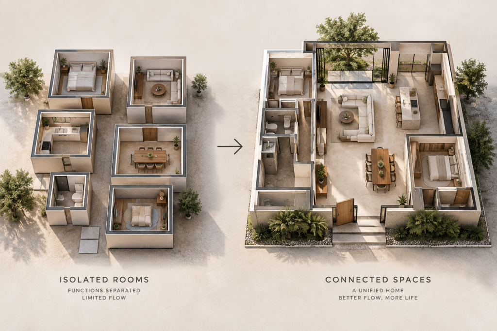 Architectural composition contrasting isolated room boxes with a connected residential floor plan