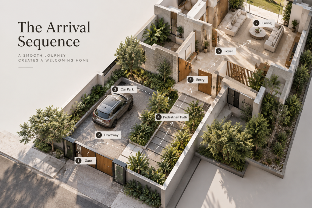 Architectural axonometric diagram showing movement from gate through car park, pedestrian path, entry, foyer and into the living room