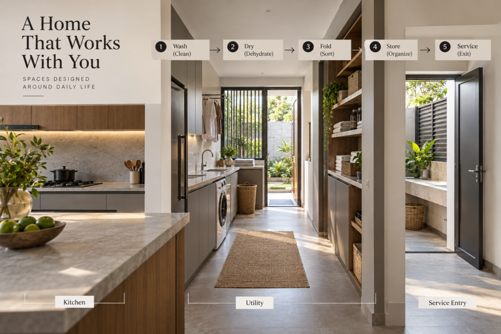 Contemporary kitchen and utility area showing a connected household service workflow