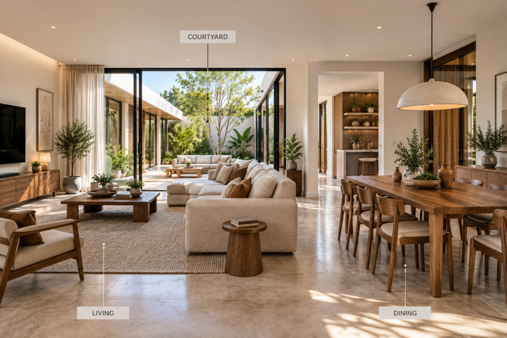 Contemporary living and dining space opening onto a courtyard, showing a connected social zone