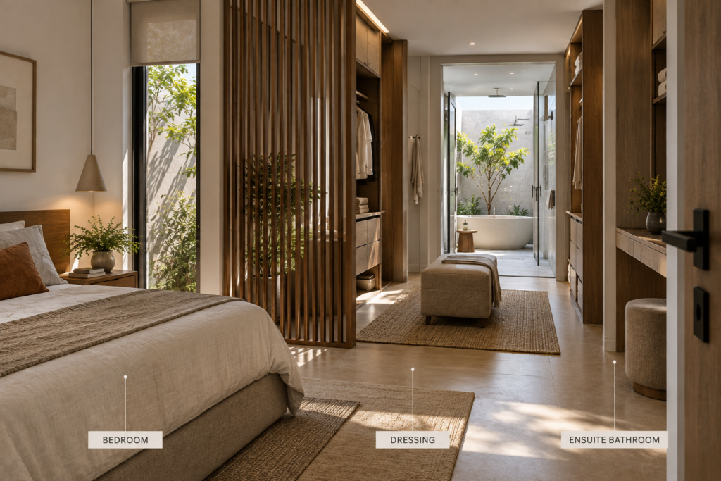 Interior sequence from bedroom through a dressing area into a private bathroom, illustrating layered privacy
