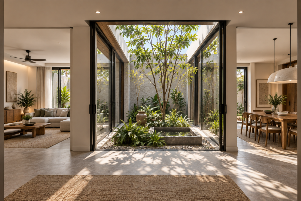 Central courtyard connecting living and dining spaces, functioning as a shared spatial and environmental mediator