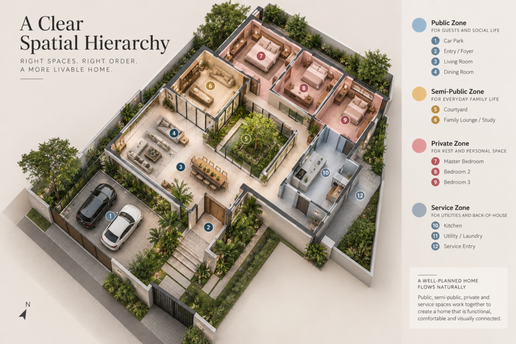 Architectural axonometric showing public, semi-public, private and service zones connected through planned circulation