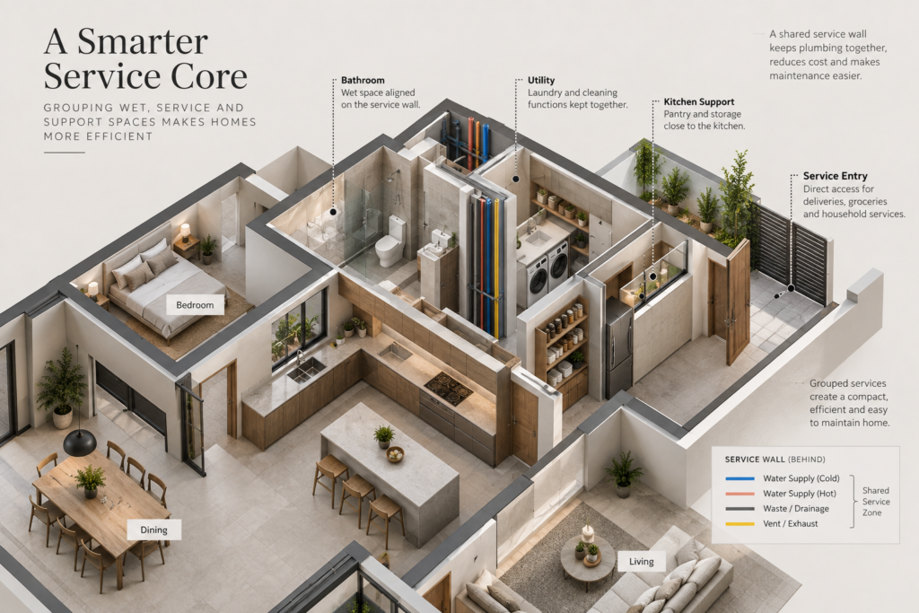 Architectural cutaway showing bathroom, utility and kitchen service spaces grouped around a shared service wall