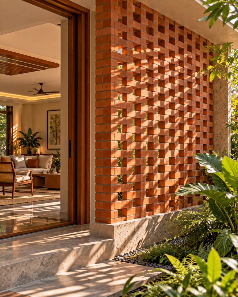 A brick jali filters light and air while adding pattern to a façade.