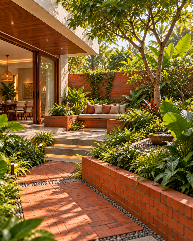 Brick and planting work best as one composition, not two layers.