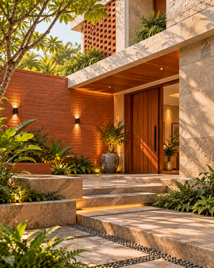 Brick's warmth and stone's mass create a clear material hierarchy.