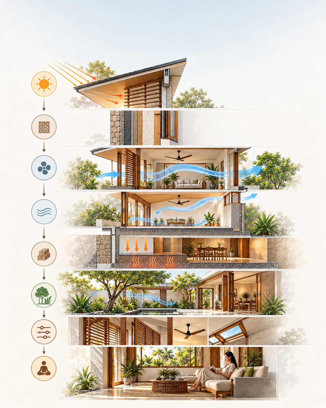 Passive comfort comes from coordinated strategies rather than any single measure.
